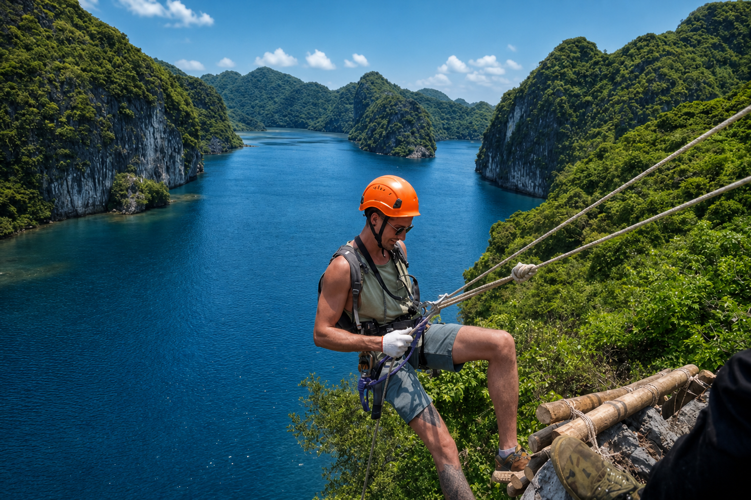 Abseiler descending above deep blue water and dramatic green cliffs