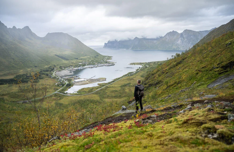 Walker overlooking a dramatic coastal valley and sea view